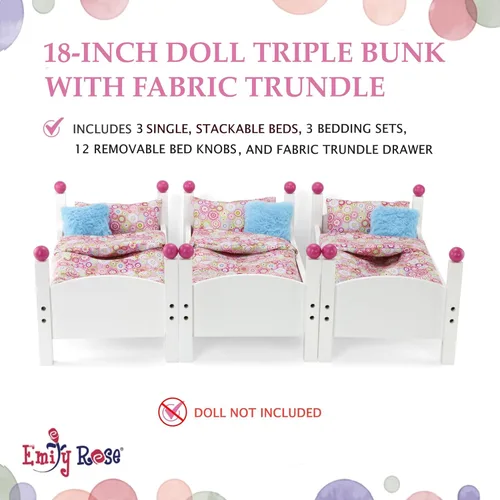 Vista 7 de Emily Rose Muebles para muñecas de 18 pulgadas, 3 camas individuales de madera apilables blancas, litera triple con (3) juegos de ropa de cama