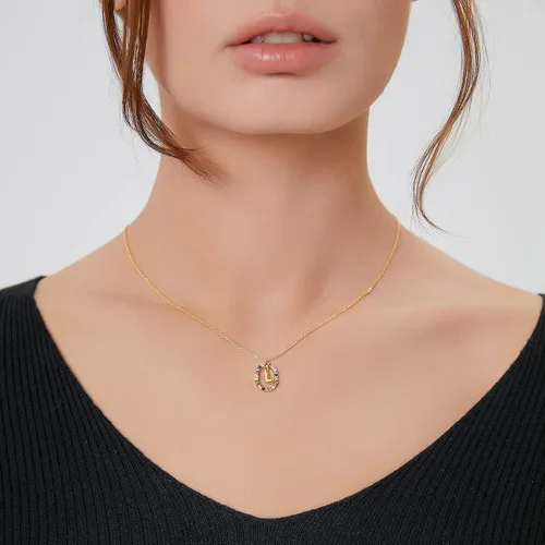 Vista 2 de Collar de oro para mujer, collar con inicial, cadena de oro de cristal, collar con nombre de piedras preciosas, collar con dije personalizado
