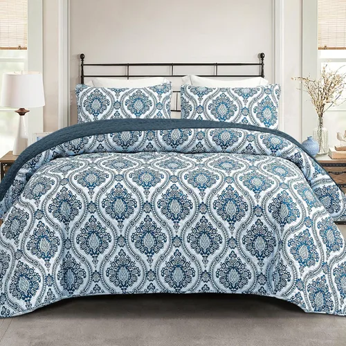 Vista 21 de Exclusivo Mezcla - Juegos de edredón reversibles de estilo bohemio de tamaño Queen, colcha azul ligera, juego de ropa de cama de patchwork