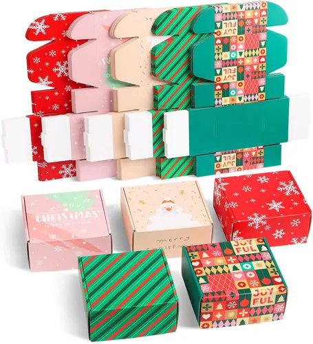 TONESPAC Paquete de 25 cajas de regalo de Navidad pequeñas de 4 x 4 x 2 pulgadas con tapa, cajas de envío de cartón corrugado reciclables para