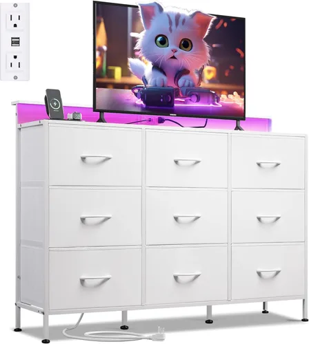 Vista 15 de WLIVE Cómoda Negra Soporte de TV para TV de 45, 50, 55 pulgadas, Centro de Entretenimiento con Luces LED y Estación de Carga, Cómoda con 9 Cajones