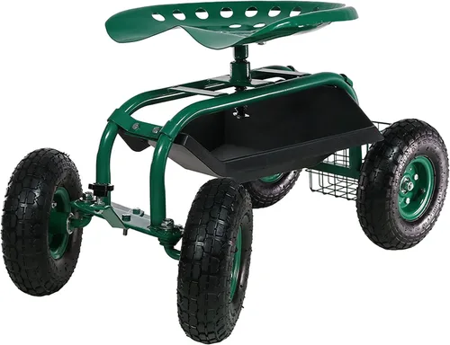 Vista 9 de Sunnydaze Carrito de jardín rodante con asiento, taburete de jardín con ruedas y asiento giratorio ajustable de 360 grados, bandeja de herramientas