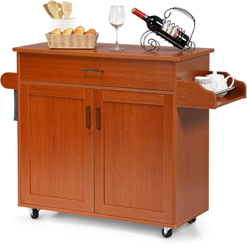 Vista 9 de PETSITE Carrito de isla de cocina con armario de almacenamiento sobre ruedas, estante de especias y cajón (negro)