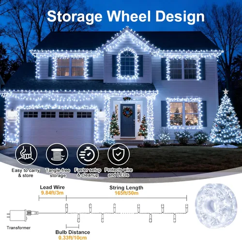 Vista 2 de Cadena de 200 luces LED de 98 pies, impermeables con 8 modos con memoria, fuente de alimentación certificada por UL de 30 V para el hogar, jardín