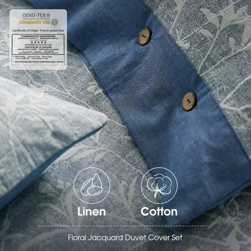 Vista 4 de Grassix Juego de funda de edredón tamaño King, mezcla de lino y algodón floral, con textura jacquard azul, fundas de edredón suaves con botón