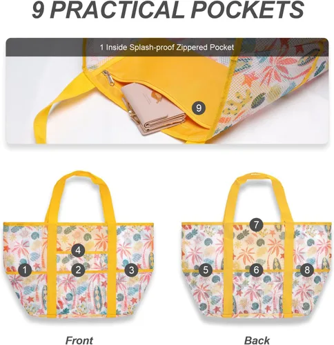 Vista 4 de F-color Mesh Beach Bag Family - Large Tote Bag for Cruise Pool Beach Vacation Essentials