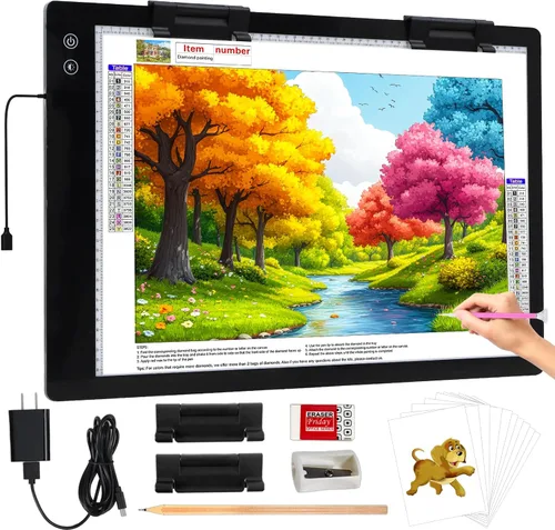 KOBAIBAN Almohadilla de luz recargable grande A2, 3 colores modo de luz de pintura de diamante, tablero de luz inalámbrico, 6 niveles/brillo