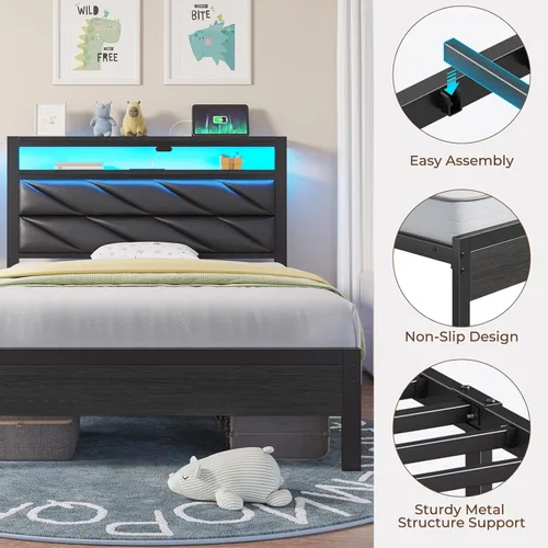 Vista 6 de Seventable Base de cama individual con estación de carga y luces LED, cabecera tapizada con estantes de almacenamiento de 2 niveles, plataforma