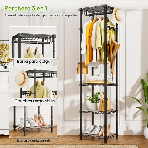 Vista 7 de R1 Perchero de Servicio Pesado para Ropa, Percheros para Ropa para Colgar Prendas, Perchero de Prendas con Estantes de Almacenamiento, Perchero