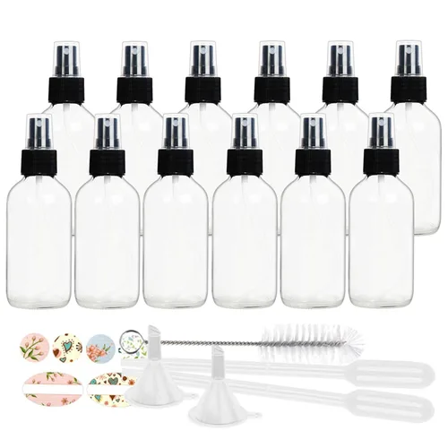 STARSIDE Botellas de spray de vidrio transparente de 4 onzas (paquete de 12) – A prueba de fugas rociador de niebla fina para cara, cabello, aceites
