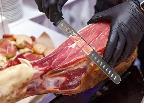 Vista 5 de SPITJACK Cuchillo de pechuga ahumada para barbacoa para tallar y rebanar carne - SS, borde Granton, hoja de 11 pulgadas