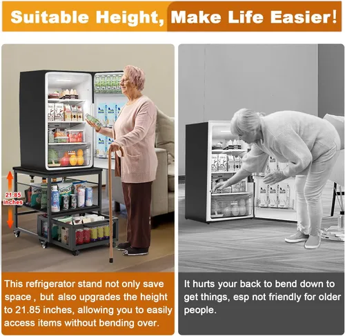 Vista 5 de Mini soporte para refrigerador de 21 x 21 pulgadas con almacenamiento, mini mesa de refrigerador resistente con 4 ruedas bloqueables para cafetería