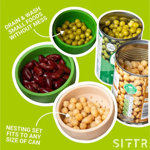 Vista 5 de (Verde) Juego de mini coladores de latas anidables, coladores y coladores pequeños que ahorran espacio, accesorio de cocina multiuso, colador