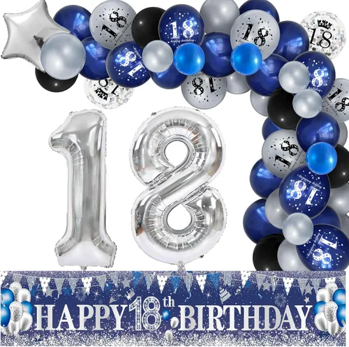 Vista 10 de Decoraciones de fiesta de cumpleaños número 16 color azul marino con 61 globos de látex, globos de aluminio con el número 16, globos de fondo