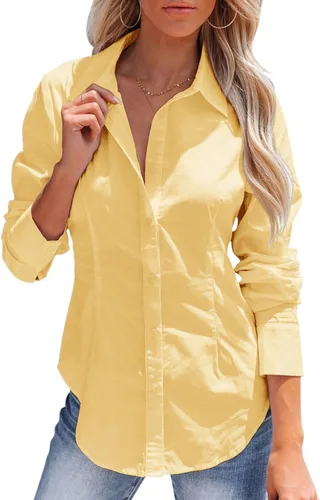 Vista 27 de siliteelon - Camisas de vestir de manga larga con botones para mujer, sin arrugas, cuello para trabajo, oficina, unicolor, blusas con corsé