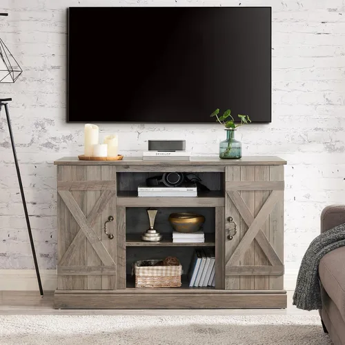 Farmhouse Classic Media - Soporte de TV antiguo para TV de hasta 50 pulgadas con espacio de almacenamiento abierto y cerrado (gris lavado, soporte