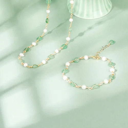 Vista 5 de Collar de perlas y jade natural chapado en oro de 14 quilates para mujer, dije de perlas naturales de agua dulce, juego de joyería de jade verde