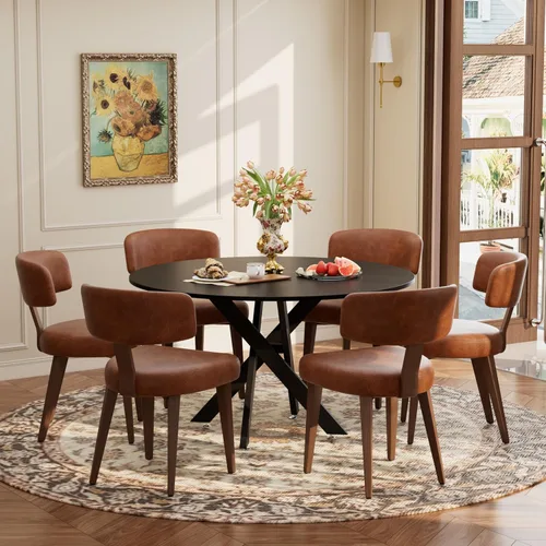 Vista 24 de Juego de mesa de comedor de madera para 2, mesa de cocina redonda de 36 pulgadas con 2 sillas de comedor Boucle, mesa de MDF con patas de metal