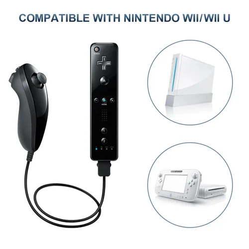Vista 2 de FASIGO Remote Controller with Nunchuck, Compatible with Nintendo Wii/Wii U, 2 Pack (Black)