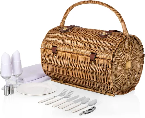Vista 3 de Picnic TIME Cesta de picnic de mimbre para 2, romántica cesta de mimbre de madera redondeada de estilo inglés con servicio de lujo para 2