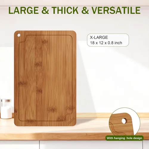 Vista 4 de Tabla de cortar de bambú para cocina, tabla de cortar grande de madera de 17 pulgadas con ranuras para jugo y asas integradas, fácil almacenamiento