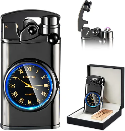 SKRFIRE Encendedor eléctrico de arco eléctrico de plasma, encendedores a prueba de viento, encendedor de metal luminoso reloj real luminoso LED