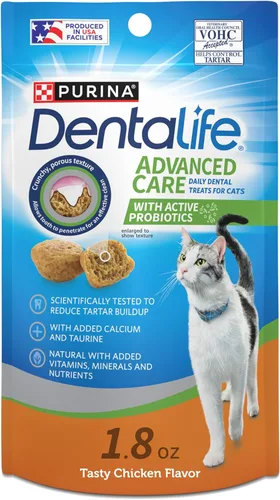 Purina DentaLife Hecho en instalaciones de EE. UU. Golosinas dentales para gatos, sabor a pollo sabroso - (Paquete de 10) Bolsas de 1.8 oz