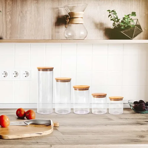Vista 4 de Juego de 5 recipientes de vidrio para cocina, tarros de vidrio transparente para almacenamiento de alimentos con tapa hermética de madera de bambú