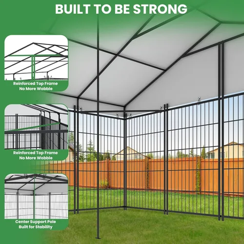 Vista 4 de Perrera grande de 10 x 10 x 6 pies para perros grandes – Perrera resistente al aire libre con techo, perreras cubiertas con puerta de alimentación