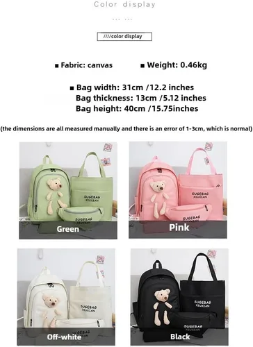 Vista 8 de Juego de mochila Kawaii de 4 piezas, gran capacidad y elegante para uso diario, Blanco sucio