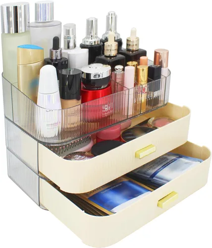 Organizador de maquillaje con 2 cajones, organizador de cosméticos para encimeras de tocador de dormitorio y baño, caja de almacenamiento de Gris