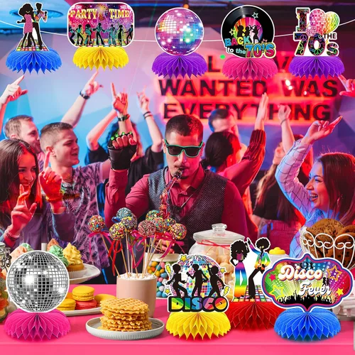 Vista 5 de 10 piezas de decoraciones de fiesta de discoteca de los años 70, centros de mesa de nido de abeja de los años 70 para temática retro, suministros
