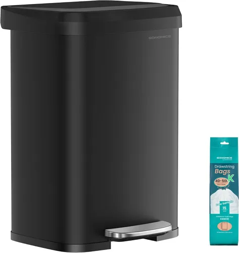 SONGMICS Cubo de basura para cocina, 13 galones (50 L) de acero inoxidable, con tapa que permanece abierta y pedal para pisar, cierre suave, alto