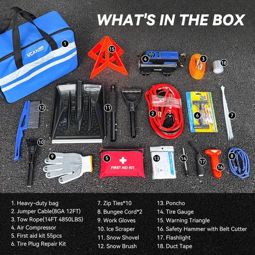 Vista 2 de Bolsa de seguridad de emergencia para automóvil con compresor de aire digital, cables de puente, kit de primeros auxilios, kit de seguridad