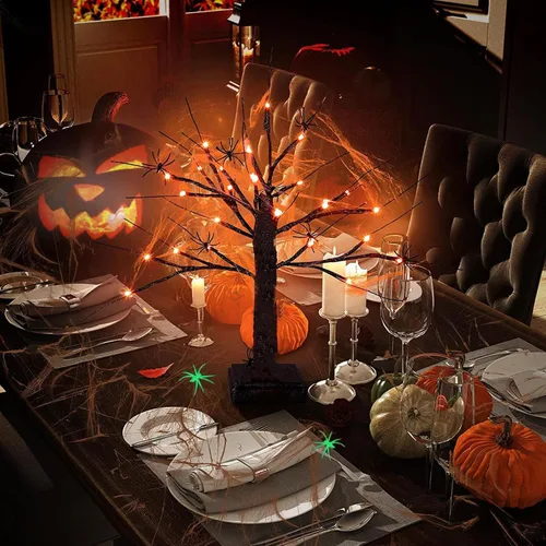 Vista 21 de Lámpara de árbol de Pascua iluminada, decoración de Pascua para mesa, mini árbol de abedul artificial, decoración de bonsái para dormitorio, mesita