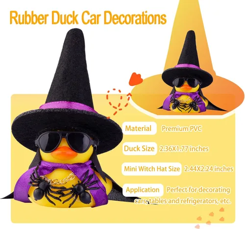 Vista 2 de JJ010A5 - Adornos de pato de goma para automóvil, decoraciones de tablero de automóvil con mini sombrero de bruja, capa, lentes de sol, collar