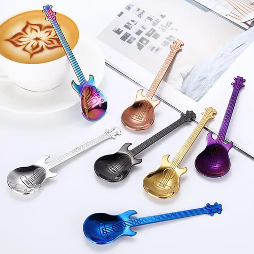 Vista 5 de DEAYOU 14 cucharas de café para guitarra, cuchara pequeña de acero inoxidable 18/10, cucharas creativas de café Demitasse de 4.7 pulgadas