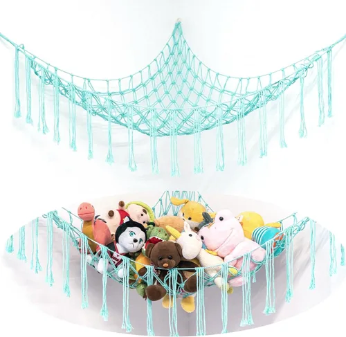 Vista 10 de Hamaca Esquinera para Animales de Peluche, Red Grande Tejida a Mano para Hamaca de Juguetes de Peluche con Anillos de Madera Almacenamiento Boho