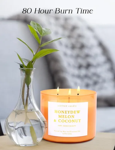 Vista 6 de Honeydew - Vela perfumada de melón y coco Velas de soja grandes de 3 mechas para el hogar de 15.8 onzas Vela de verano fresca y tropical frutal