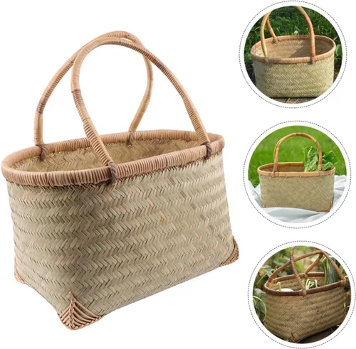 Vista 8 de Cesta de mano tejida Cesta de frutas Cesta de picnic al aire libre vacía Cesta de bambú Cesta tejida de bambú multiusos Cesta multiusos