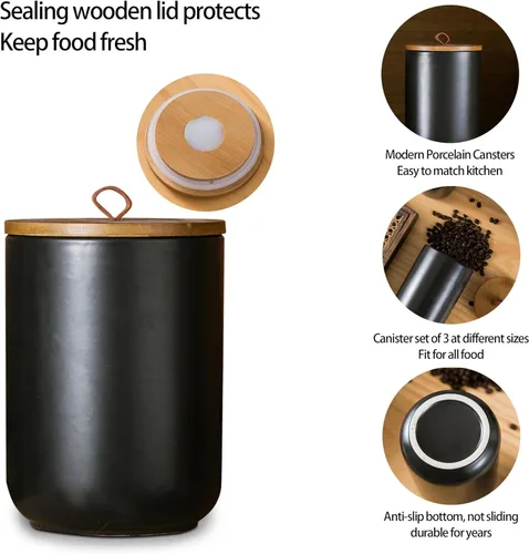 Vista 7 de Juego de botes negros para la cocina, 3 piezas de botes de cerámica con tapa de madera hermética, tarro de almacenamiento de alimentos, recipientes