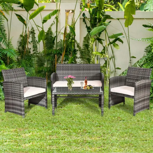 Vista 8 de Goplus Juego de muebles de ratán para patio, 4 piezas, sofá y mesa de mimbre para exteriores con cojines suaves y mesa de centro de vidrio templado
