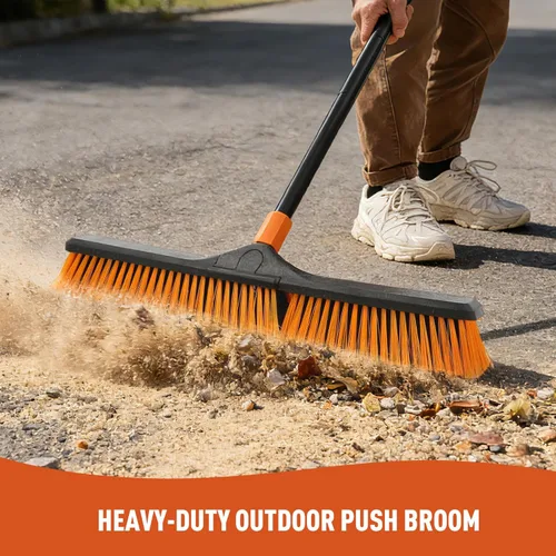 Vista 3 de Cepillo de escoba de empuje de 24 pulgadas para limpieza de suelos con mango largo de 65 pulgadas y cerdas rígidas, cepillo resistente para tienda