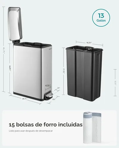 Vista 6 de SONGMICS Bote de basura delgado, 13 galones (50 L) Bote de basura para espacios estrechos con tapa de cierre suave, cubo interior y pedal de pie