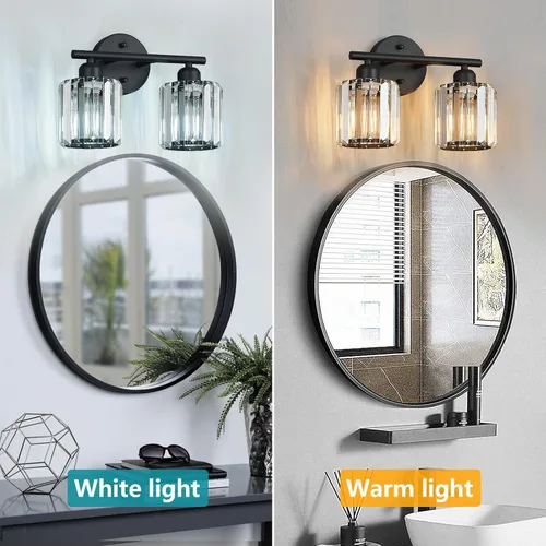 Vista 2 de Moderna lámpara de tocador de cristal de 2 luces, lámpara vertical negra sobre espejo para tocador y fregadero, compatible con bombillas regulables