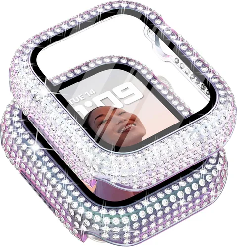 Vista 41 de Surace - Carcasa compatible con Apple Watch de 1.65 pulgadas con protector de pantalla de cristal templado, diseño brillante con 300 diamantes