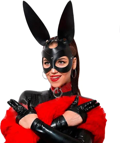 Vista 6 de Mumbobyswim Máscaras de cuero de gato y conejo para mujer, máscara de mascarada para cosplay, accesorio de disfraz de Halloween