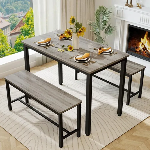 Vista 8 de Juego de mesa de comedor resistente y duradera para 4 personas con banco, mesa de cocina fácil de montar con banco, ahorro de espacio, juego ideal