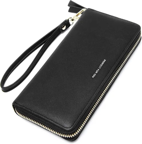 VOCUS Cartera para mujer con bloqueo RFID y cremallera alrededor de la cartera de piel sintética grande para viaje, tarjetero de crédito con correa