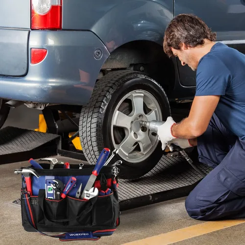 Vista 8 de WORKPRO Bolsa de herramientas, bolsa de herramientas de 18 pulgadas con base moldeada impermeable, bolsa organizadora de herramientas de tapa